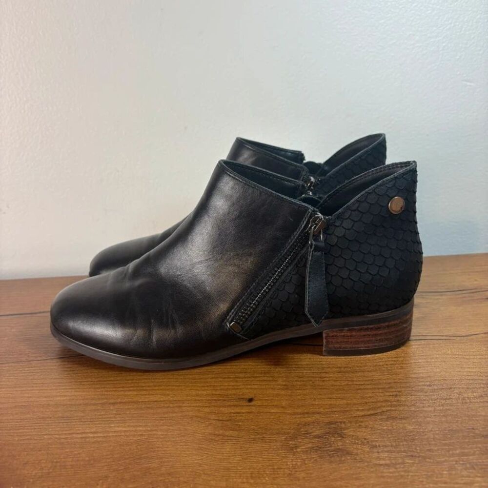 Yenta + Posha Womens 6.5 Black Leather Ankle Booties Snakeskin Heel Zip